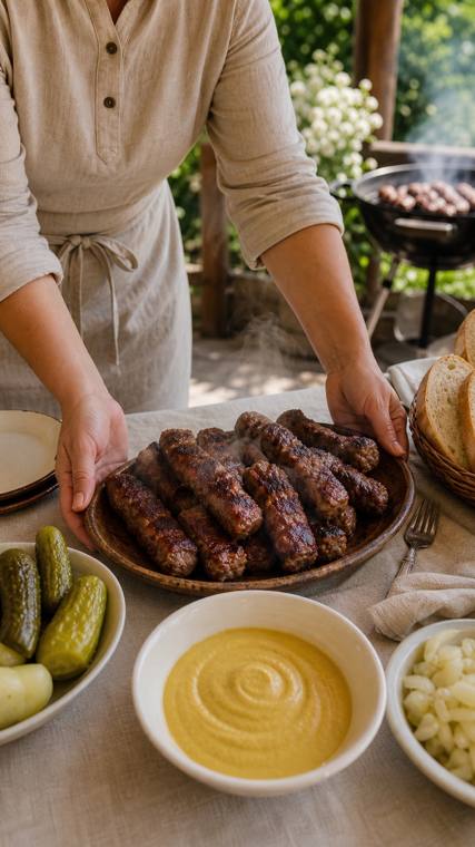 Mici pe masă cu muștar și pâine